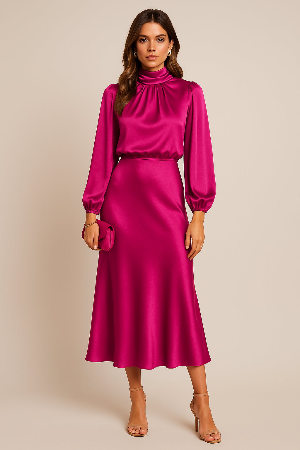 Fuchsia satin midi dress with high neck, long balloon sleeves, and fitted waist
