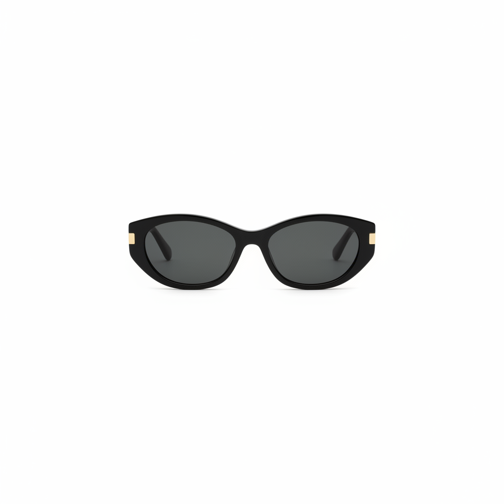 Black cat-eye sunglasses with dark lenses and gold-tone hinges