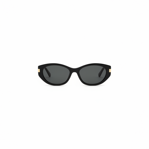 Black cat-eye sunglasses with dark lenses and gold-tone hinges