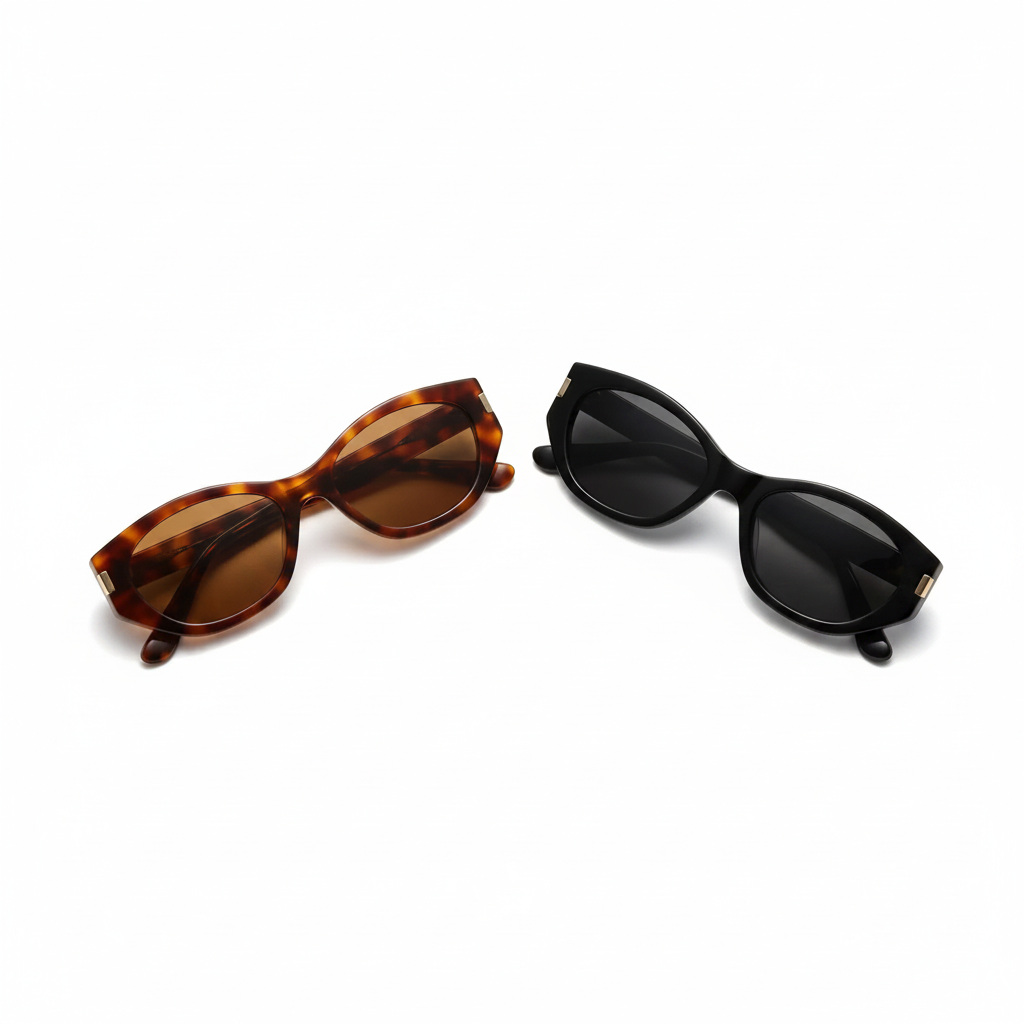 Tortoiseshell and black cat-eye sunglasses set with dark lenses and gold-tone accents