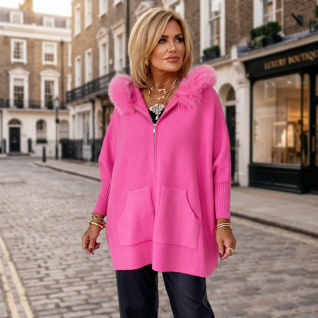 Women’s hooded winter coat with pink fur collar trim, zip front and patch pockets
