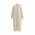 Long open-front cardigan coat in cream with wide sleeves and draped front