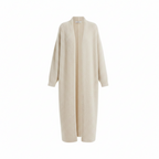Long open-front cardigan coat in cream with wide sleeves and draped front