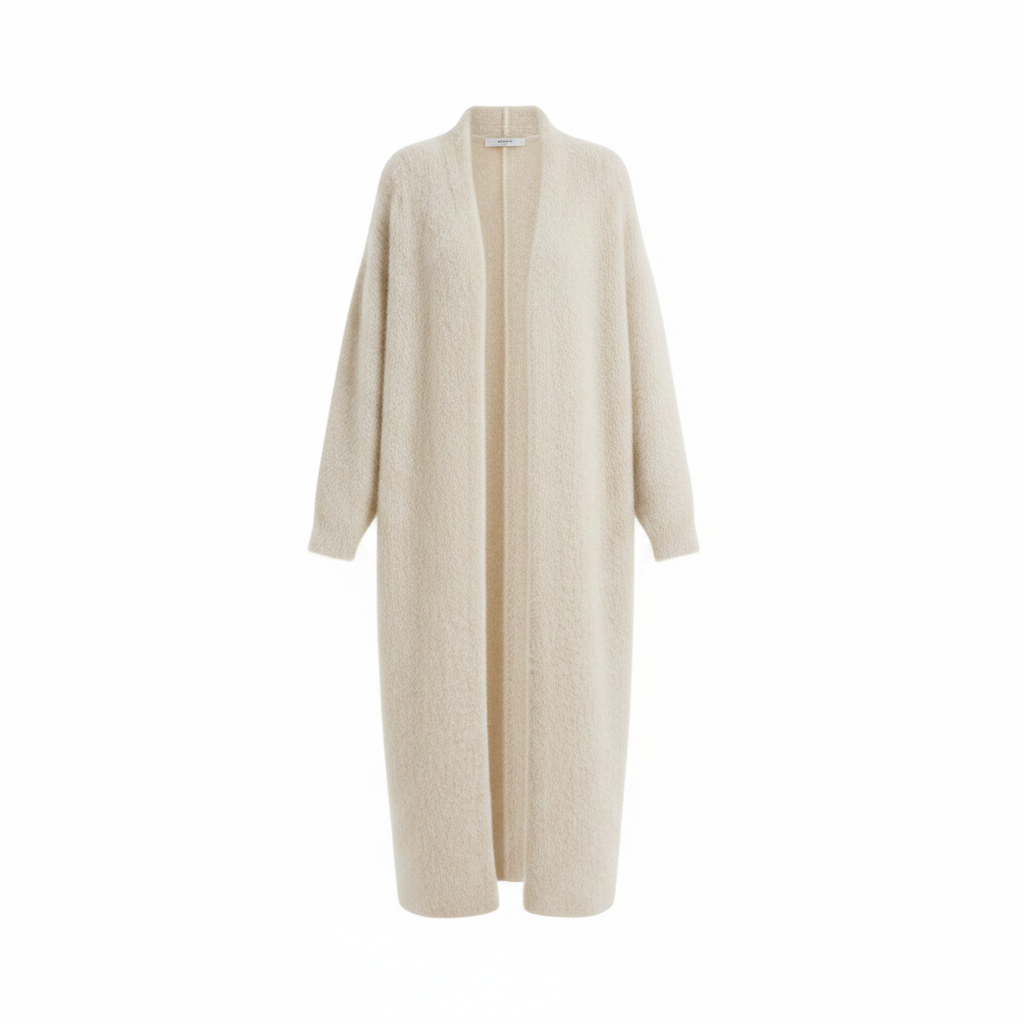 Long open-front cardigan coat in cream with wide sleeves and draped front