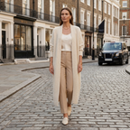 Women’s long open-front brushed knit cardigan coat, relaxed dropped shoulder, cream