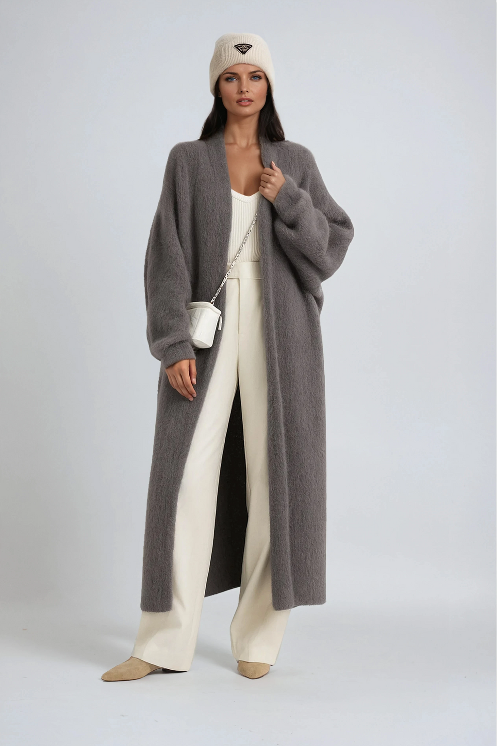 Women's hooded longline winter coat in gray plush, button front with pockets