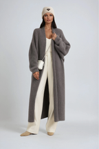 Women's hooded longline winter coat in gray plush, button front with pockets