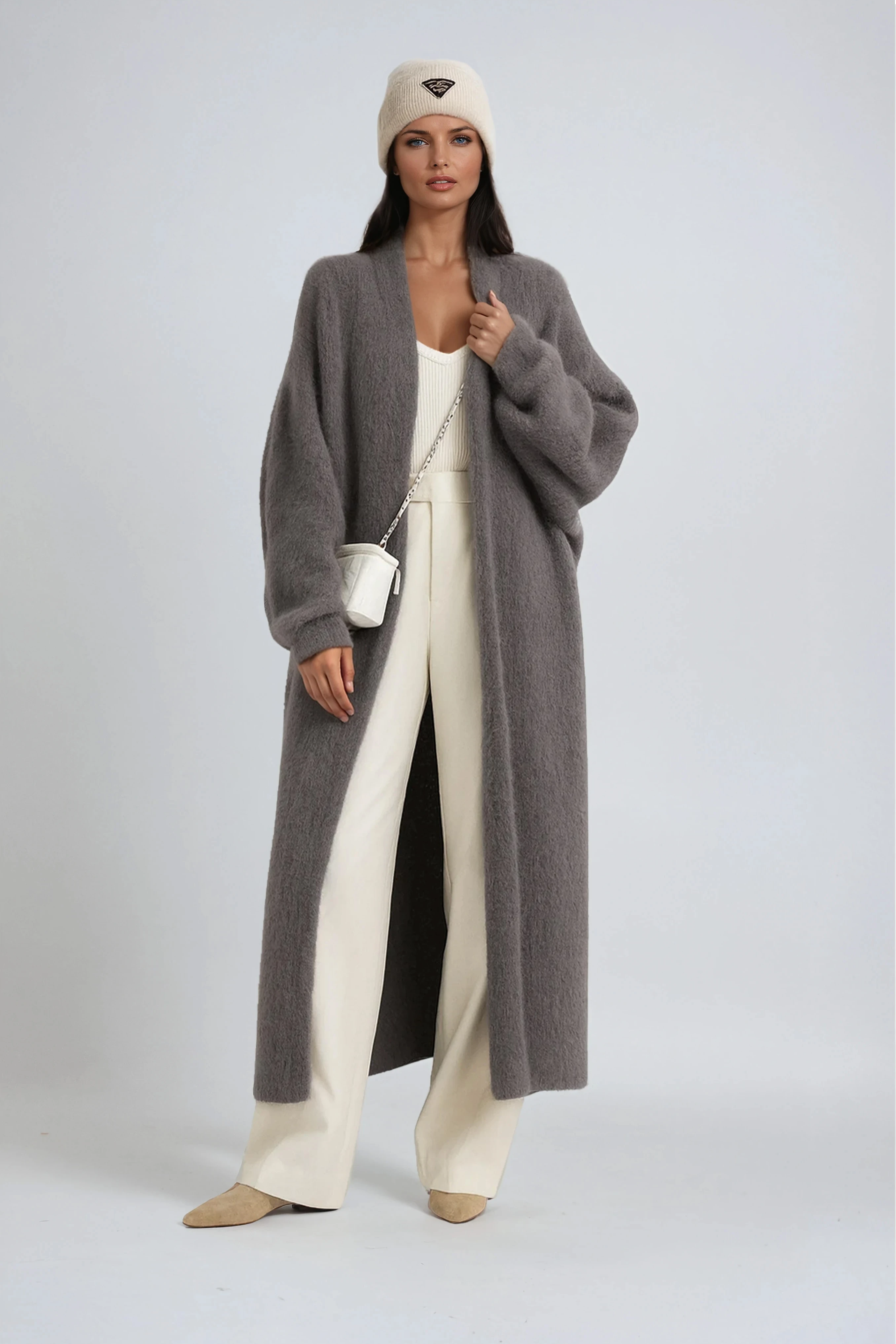 Women's hooded longline winter coat in gray plush, button front with pockets