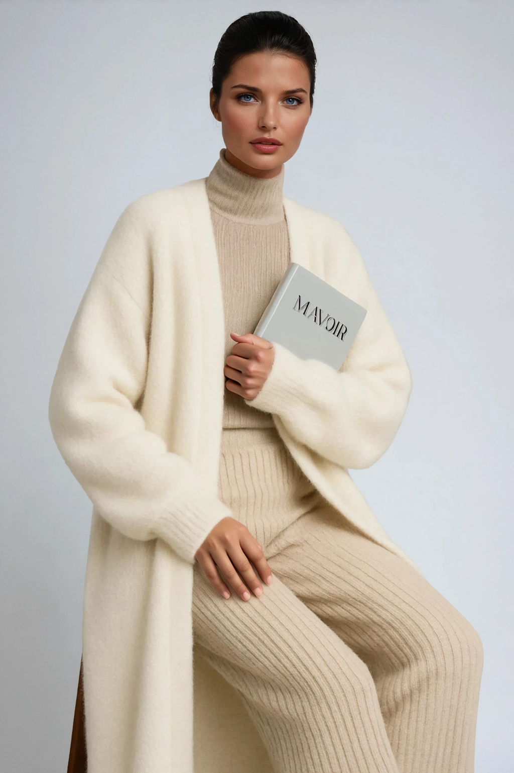Cream long open-front cardigan with ribbed knit turtleneck underneath