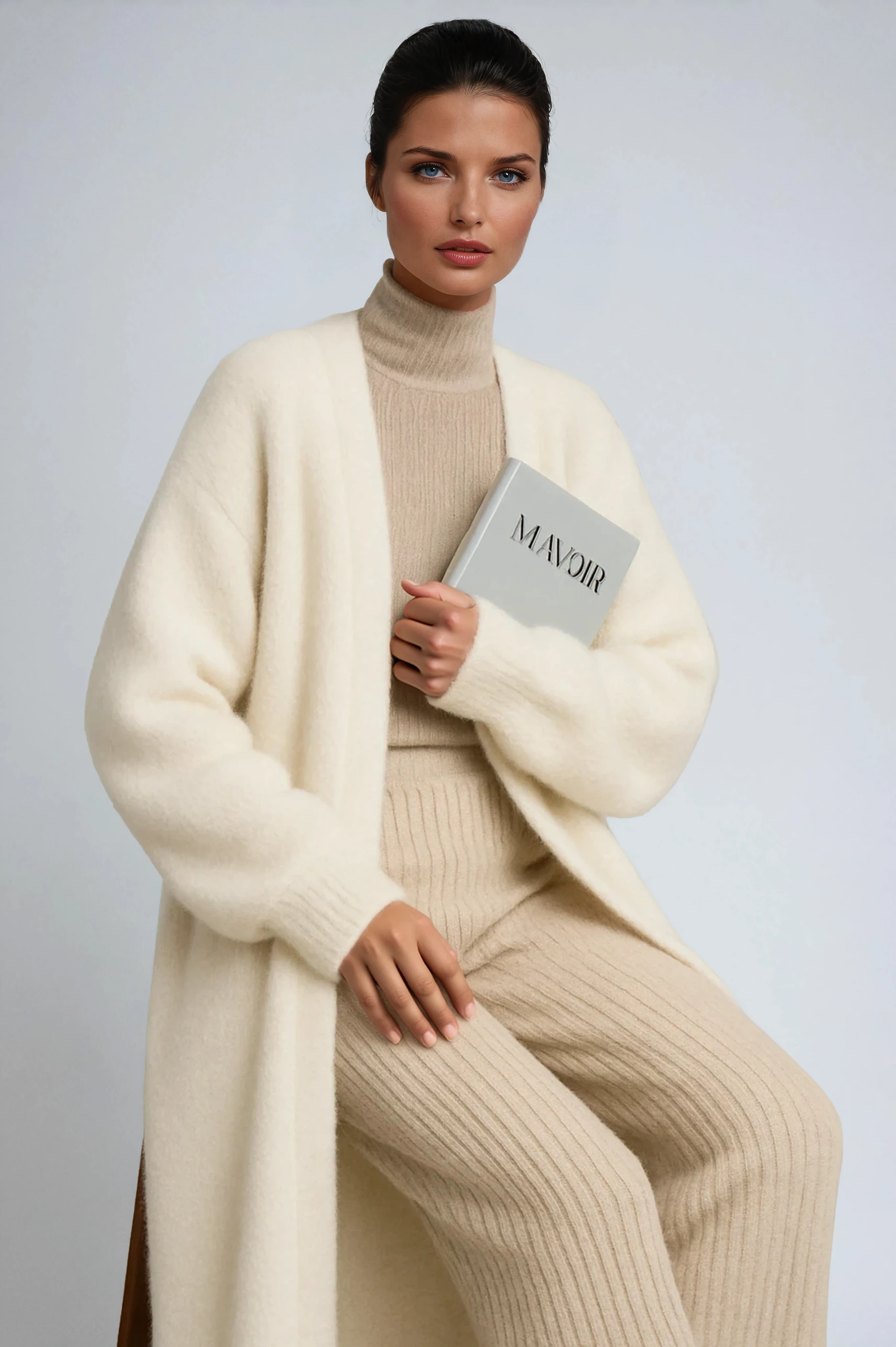 Cream long open-front cardigan with ribbed knit turtleneck underneath