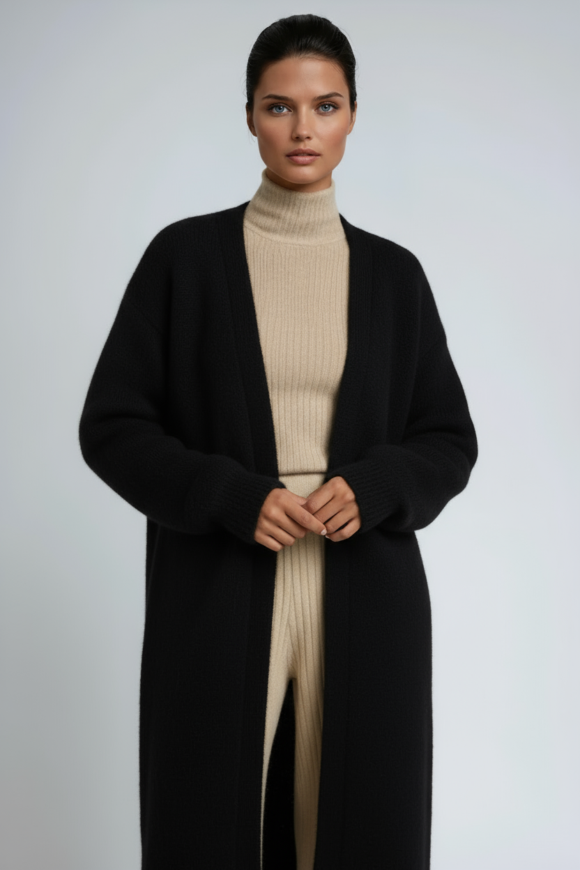 Long open-front cardigan in black with wide sleeves and relaxed open front