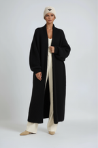 Black long open-front cardigan coat with oversized sleeves and open front