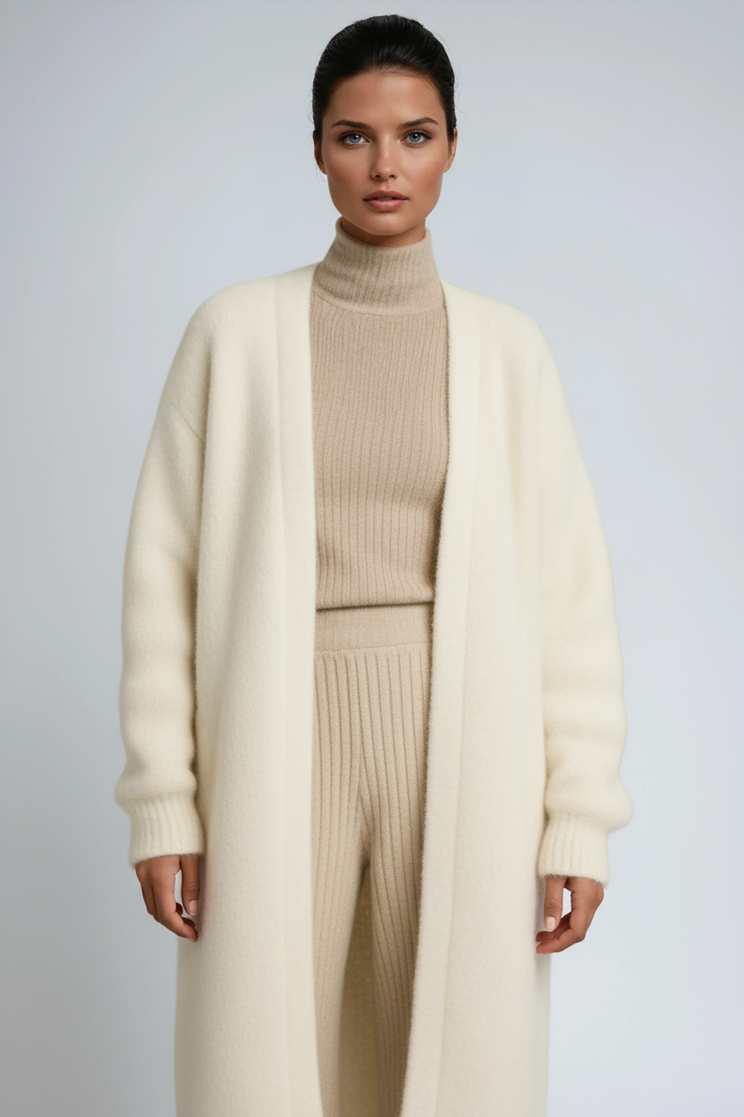 Cream long open-front cardigan with wide sleeves and smooth knit drape