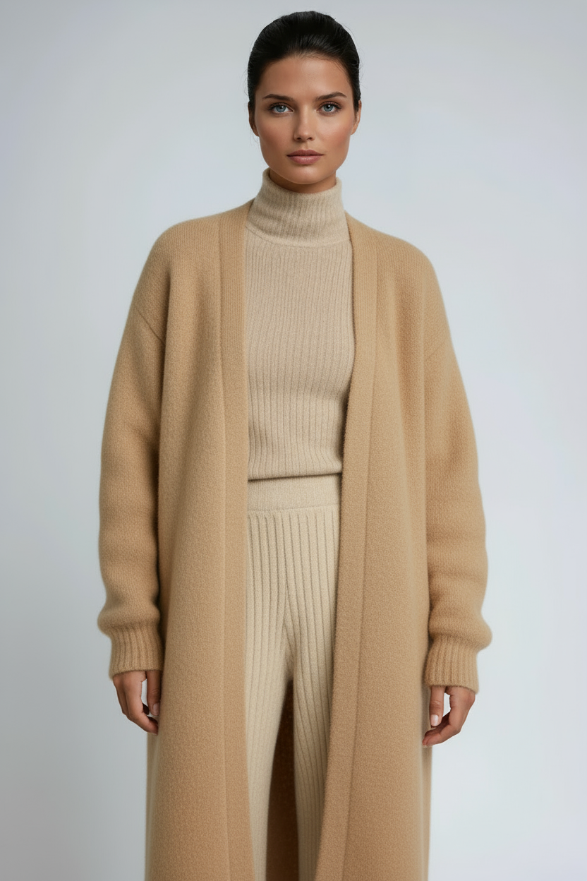 Long open-front cardigan in tan with wide sleeves and open draped front