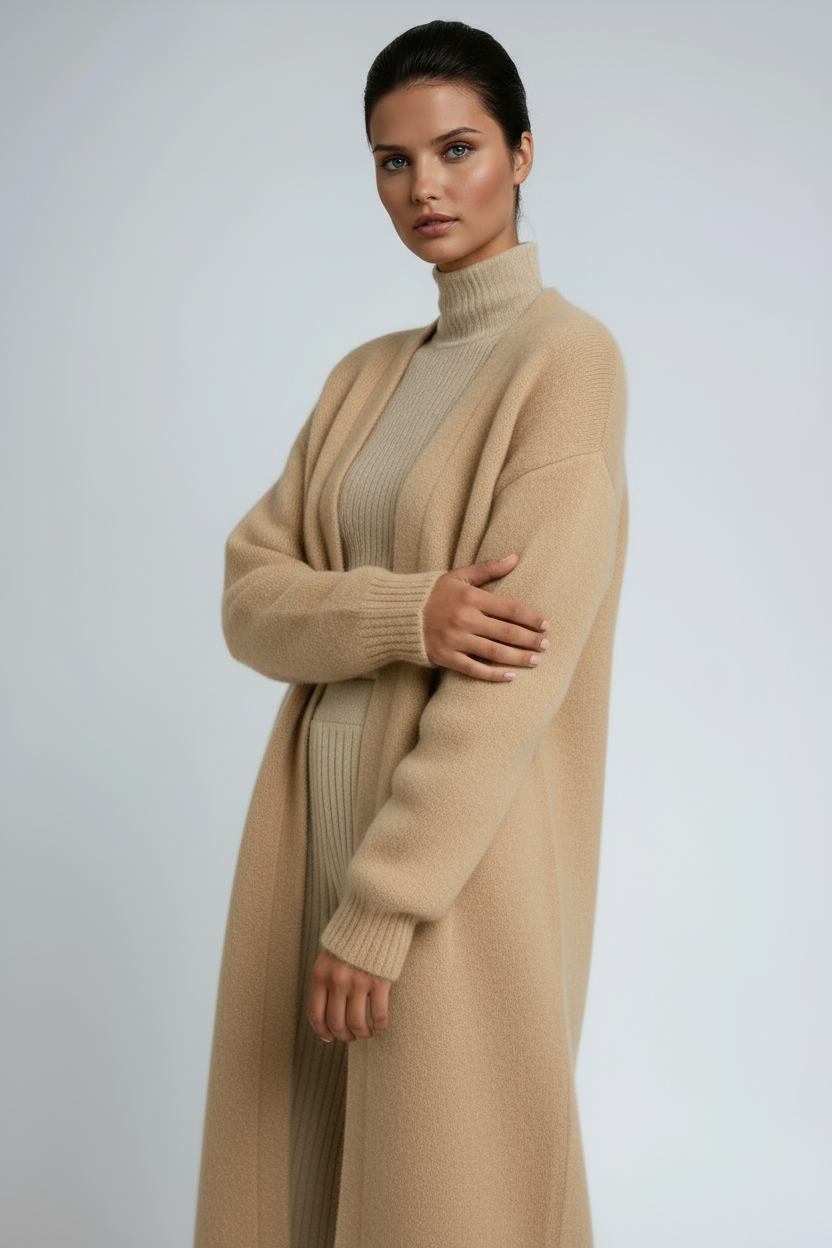 Tan long open-front cardigan with knit turtleneck and open draped front