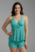 Teal halter lace overlay tankini with tied front and matching swim shorts