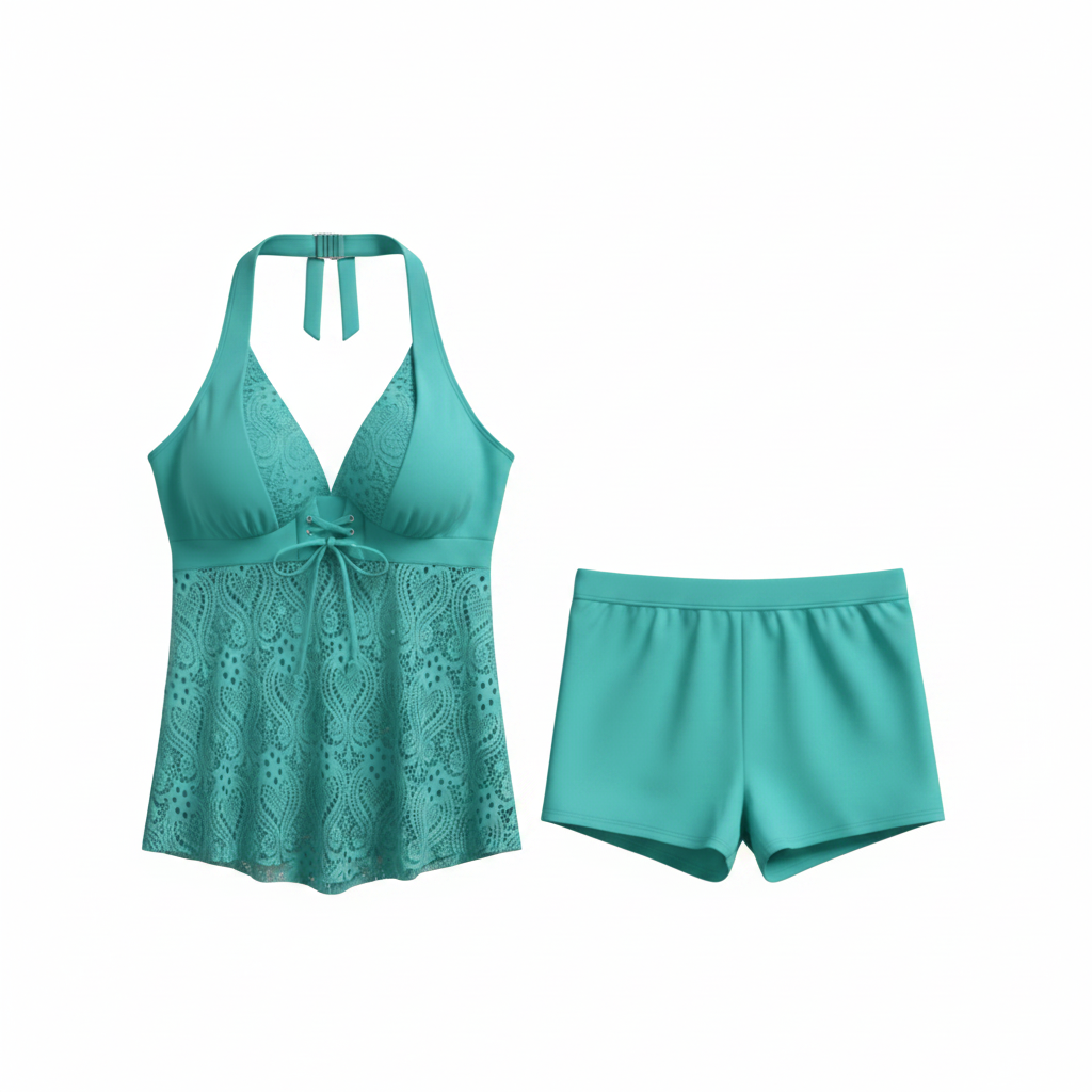 Teal halter lace overlay tankini top with matching swim shorts, two-piece set