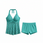 Teal halter lace overlay tankini top with matching swim shorts, two-piece set