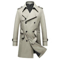 Beige double-breasted trench coat with notched lapels, epaulets, and belted waist