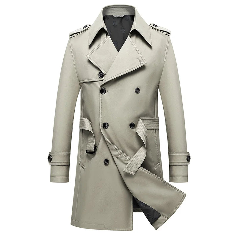 Beige double-breasted trench coat with notched lapels, epaulets, and belted waist