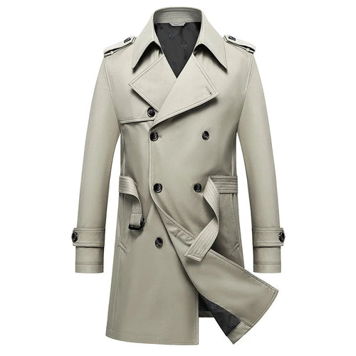 Beige double-breasted trench coat with notched lapels, epaulets, and belted waist