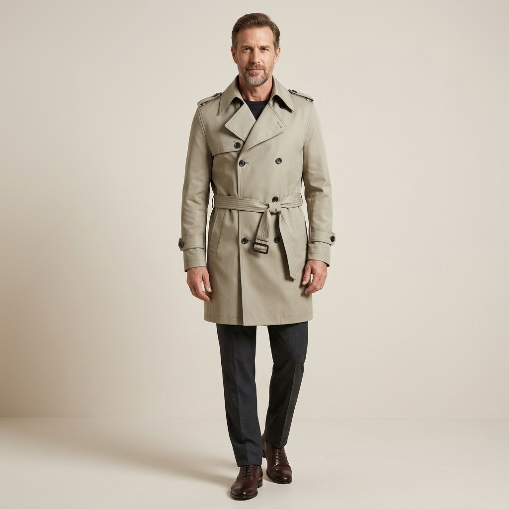 Beige men's double-breasted trench coat with belt and structured shoulders