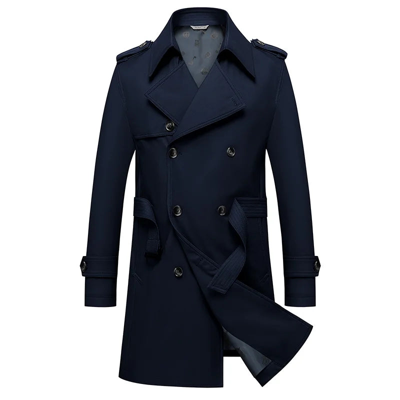 Navy double-breasted trench coat with notched lapels, shoulder epaulets, and belted waist