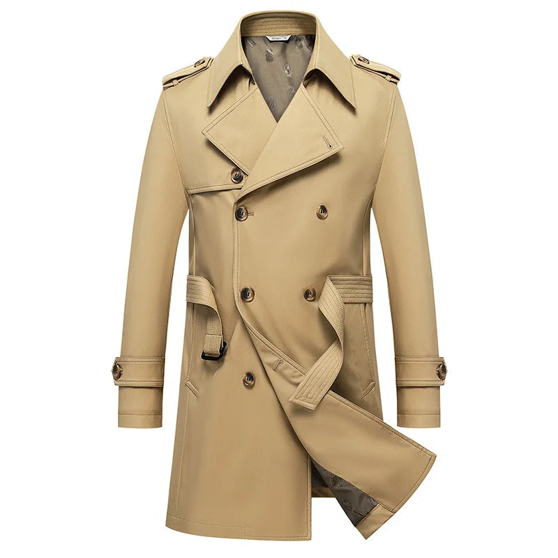 Khaki double-breasted trench coat with notched lapels, epaulets, and belted waist