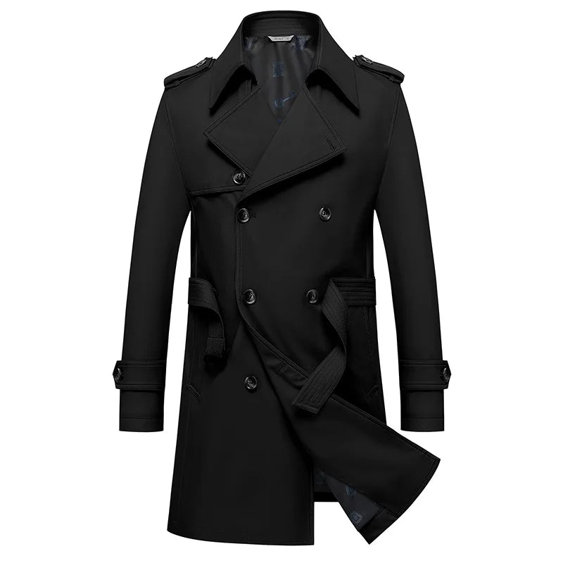 Black double-breasted trench coat with notched lapels, epaulets, and belted waist