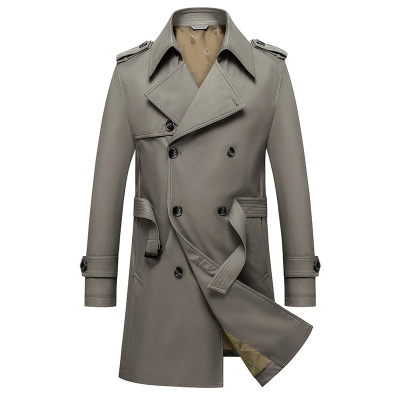 Light gray double-breasted trench coat with notched lapels, epaulets, and belted waist