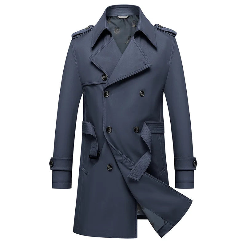 Blue double-breasted trench coat with notched lapels, shoulder epaulets, and belted waist
