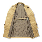 Beige trench coat with double-breasted front and patterned lining peeking at open placket