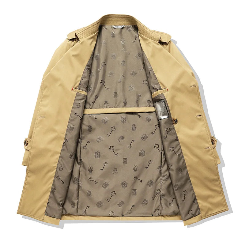 Beige trench coat with double-breasted front and patterned lining peeking at open placket