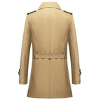 Beige trench coat back view with center seam, belt at waist, and shoulder epaulets