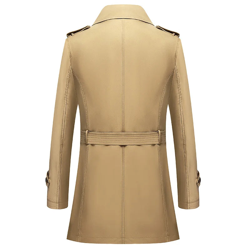 Beige trench coat back view with center seam, belt at waist, and shoulder epaulets