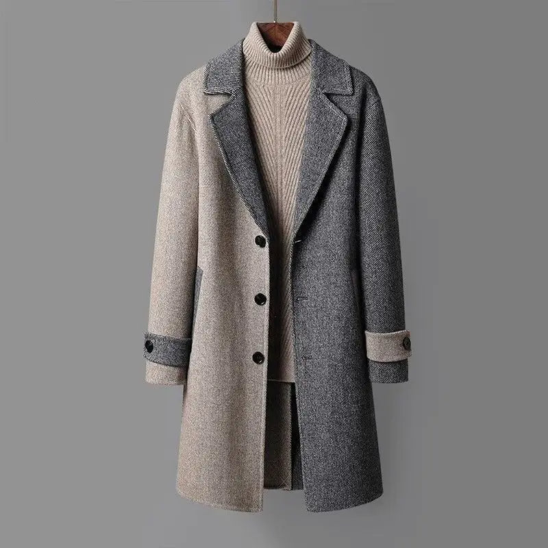 Dual-tone wool coat with notched lapels, button front, and ribbed turtleneck collar