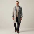 Men's tailored wool coat, gray and camel color-block, suit collar, long length
