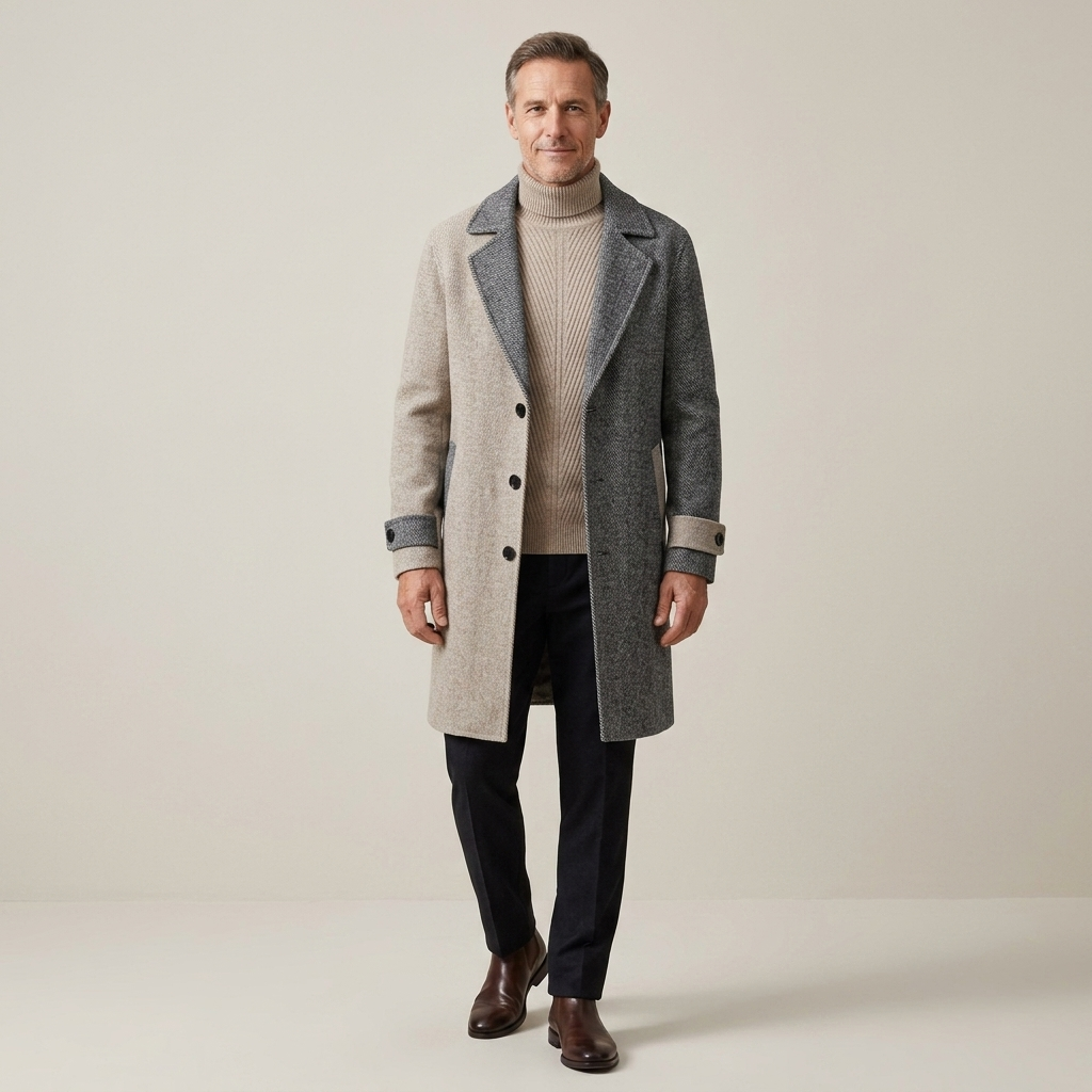 Men's tailored wool coat, gray and camel color-block, suit collar, long length