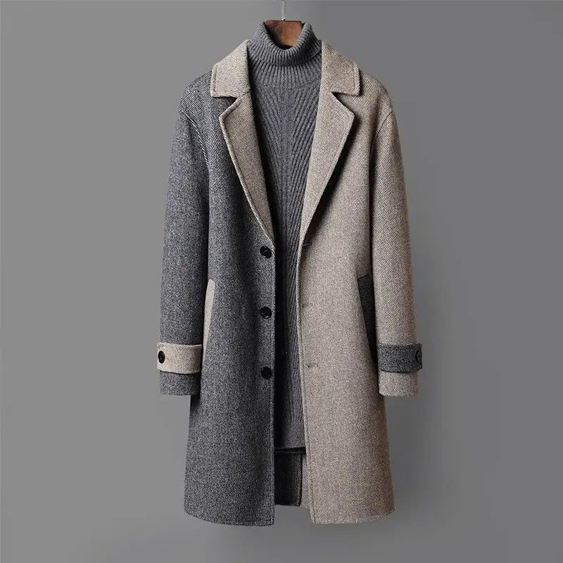 Dual-tone wool coat with wide lapels, button front, and ribbed turtleneck collar