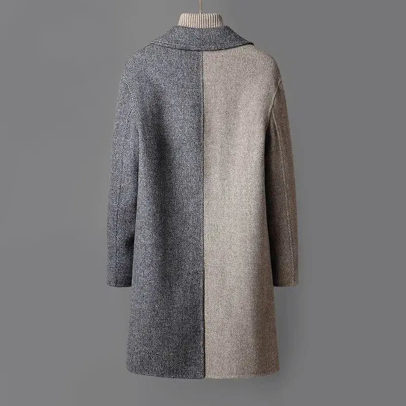 Dual-tone wool coat, back view, centered seam and ribbed turtleneck collar