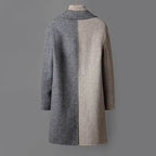Dual-tone wool coat, back view, centered seam and ribbed turtleneck collar