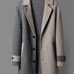 Dual-tone wool coat front view with button placket, contrast cuffs, ribbed collar