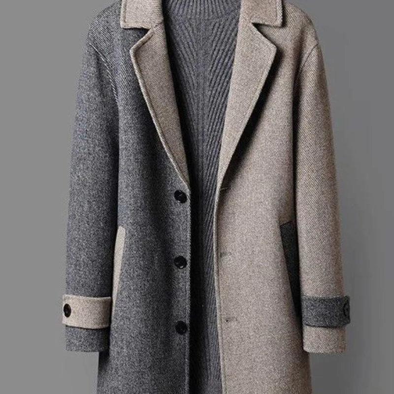 Dual-tone wool coat front view with button placket, contrast cuffs, ribbed collar