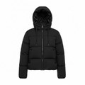 Women's short black down jacket with hood, front zipper and padded baffles