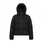 Women's short black down jacket with hood, front zipper and padded baffles