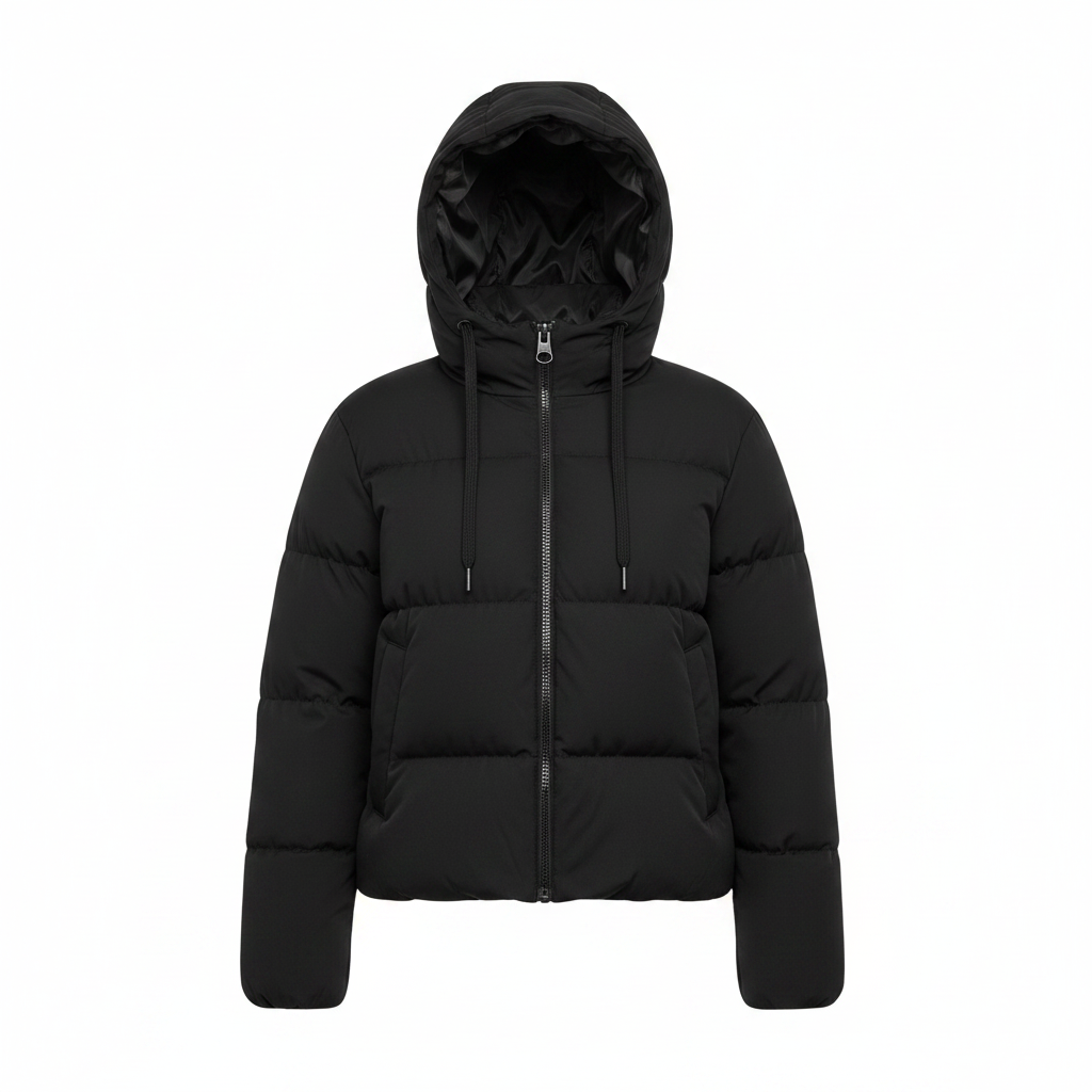 Women's short black down jacket with hood, front zipper and padded baffles