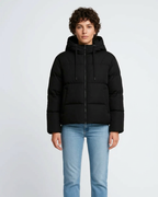 Women's black short puffer jacket with hood, zip front and two side pockets
