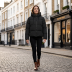 Women's black quilted short hooded down jacket with full zip front