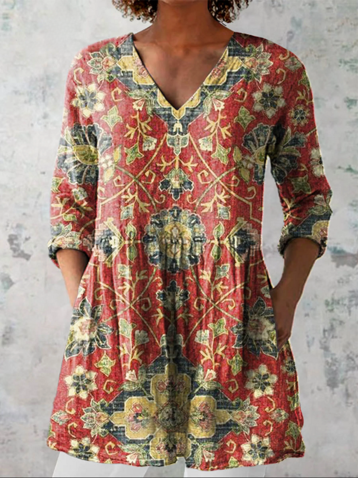 Women's printed V-neck tunic blouse, red multicolor floral, gathered waist, 3/4 sleeves