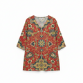 Women's printed V-neck tunic blouse, red multicolor floral, 3/4 sleeves